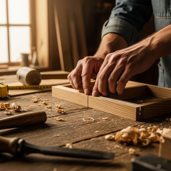 a craftsman's hands carefully joining two pieces of a photo booth frame